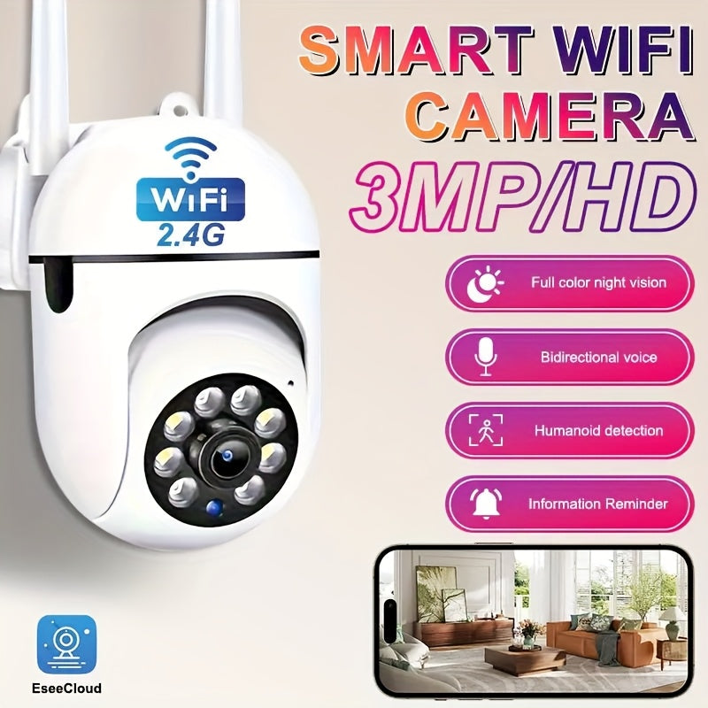 Cameră de vedere nocturnă Wi-Fi - Supraveghere 2,4 GHz Wi-Fi 360° PTZ 1080P Monitor de vedere nocturnă - Cameră de securitate în aer liber pentru siguranța persoanelor în vârstă și a animalelor de companie cu detectie inteligentă a mișcării.
