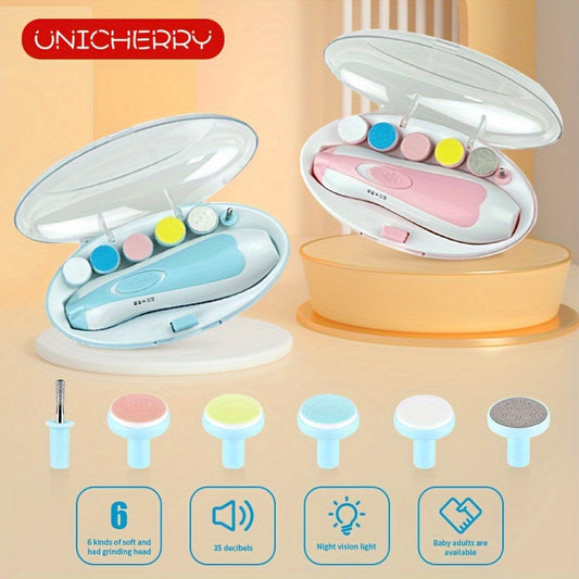 Kit de taiat unghii electric pentru tineri UNICHERRY 6 în 1, roz și albastru - Îngrijire sigură și ușoară pentru tineri până la adulți cu lumină LED, 6 plăcuțe de șlefuit și pilă de unghii