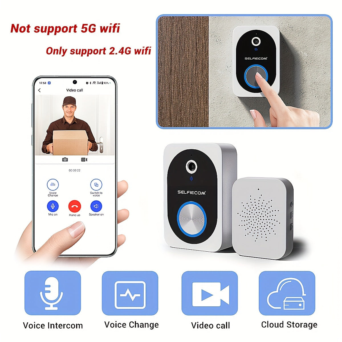 Soneria inteligentă vizuală Dingdong, 2,4 GHz WiFi Wireless Viziune nocturnă de înaltă definiție, 72 de ore de stocare video în cloud, Funcție inteligentă de schimbare a vocii