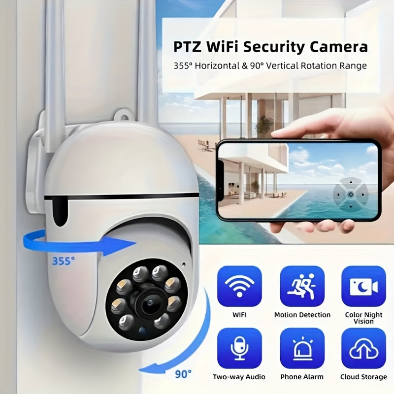 Cameră de vedere nocturnă Wi-Fi - Supraveghere 2,4 GHz Wi-Fi 360° PTZ 1080P Monitor de vedere nocturnă - Cameră de securitate în aer liber pentru siguranța persoanelor în vârstă și a animalelor de companie cu detectie inteligentă a mișcării.