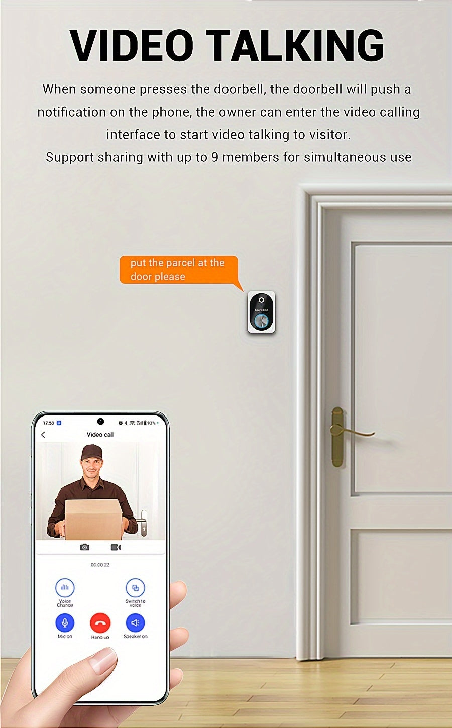 Soneria inteligentă vizuală Dingdong, 2,4 GHz WiFi Wireless Viziune nocturnă de înaltă definiție, 72 de ore de stocare video în cloud, Funcție inteligentă de schimbare a vocii