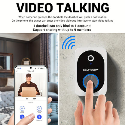 Soneria inteligentă vizuală Dingdong, 2,4 GHz WiFi Wireless Viziune nocturnă de înaltă definiție, 72 de ore de stocare video în cloud, Funcție inteligentă de schimbare a vocii